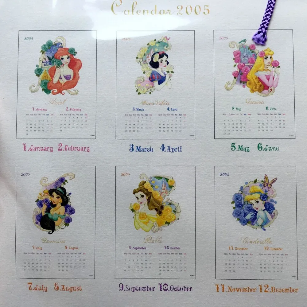 Disney Princess Calender Ariel Belle Watercolor 70s Heroine Manga Vintage 2005